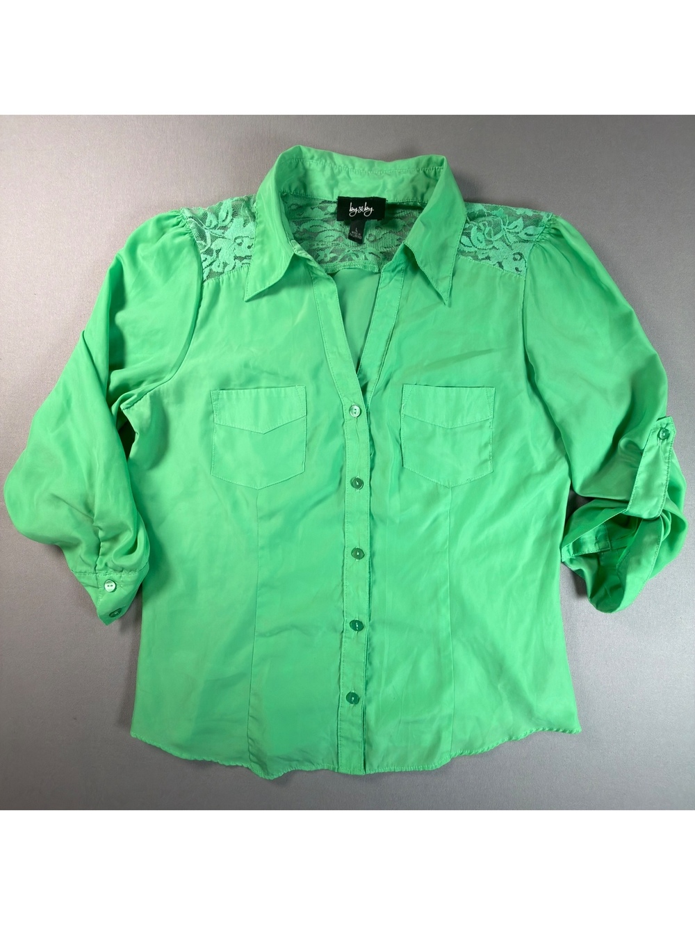 By & By Boy Womens Large Green Button Up Shirt Short Sleeve Casual Blouse
